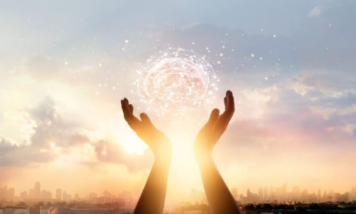 Abstract palm hands touching brain with network connections, innovative technology in science and communication concept Abstract palm hands touching brain with network connections, innovative technology in science and communication concept